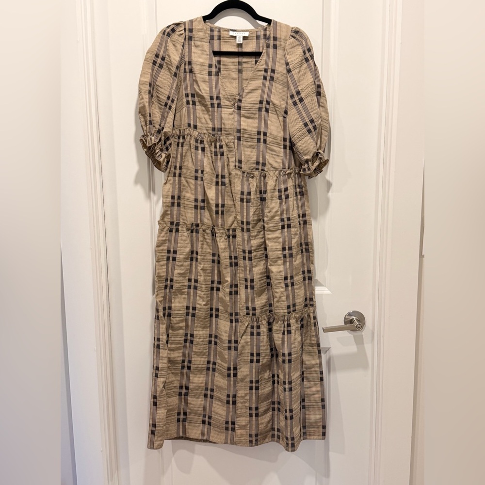 Topshop Beige and Black Plaid Long Sleeve Dress